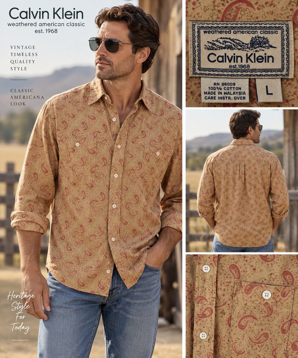 Vintage 90s Calvin Klein Paisley Shirt Mens L Weathered American Classic Cotton